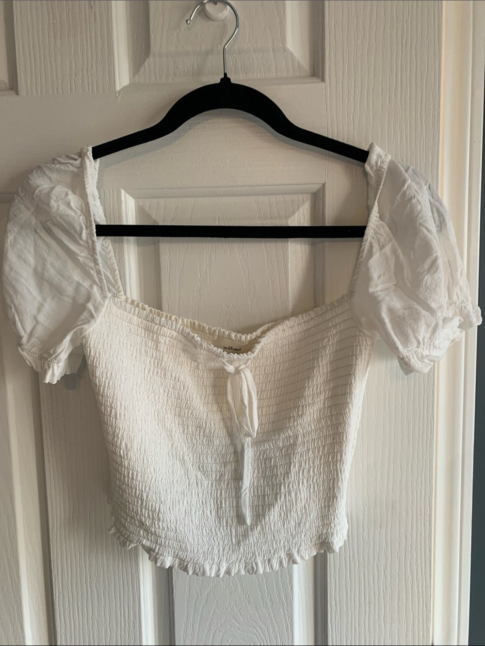 Wilfred White Smocked Puff-Sleeve Tie-Front Crop Top